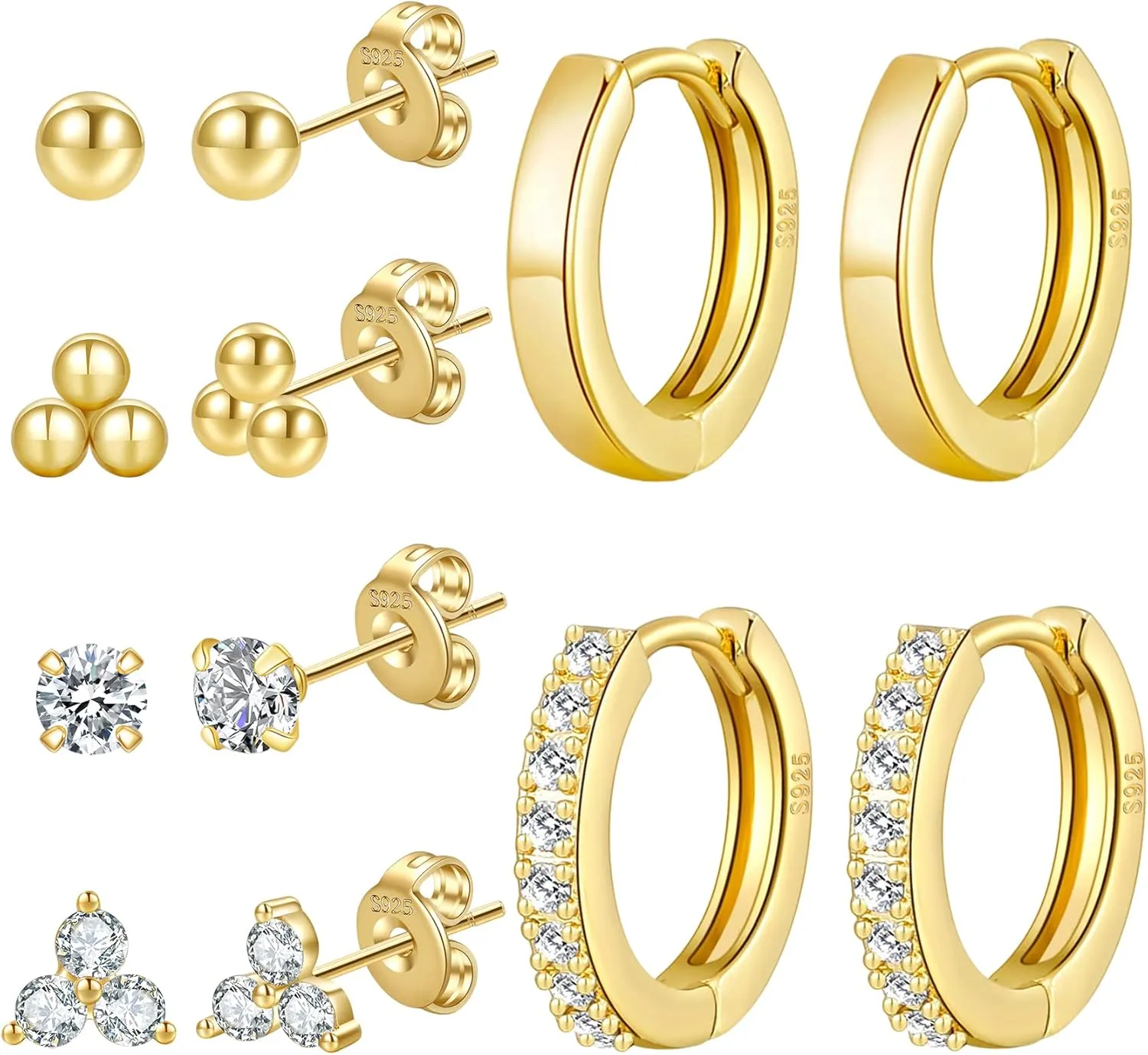 PRETOLE 8 Pairs Sterling Silver Stud Earrings for Women,14K Gold Plated Stud Earrings Set for Women Hypoallergenic Stud Earrings Cubic Zirconia Stud Earrings Small Stud Earrings for Women