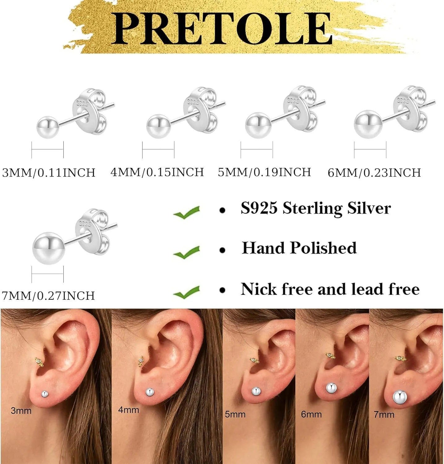 PRETOLE 8 Pairs Sterling Silver Stud Earrings for Women,14K Gold Plated Stud Earrings Set for Women Hypoallergenic Stud Earrings Cubic Zirconia Stud Earrings Small Stud Earrings for Women