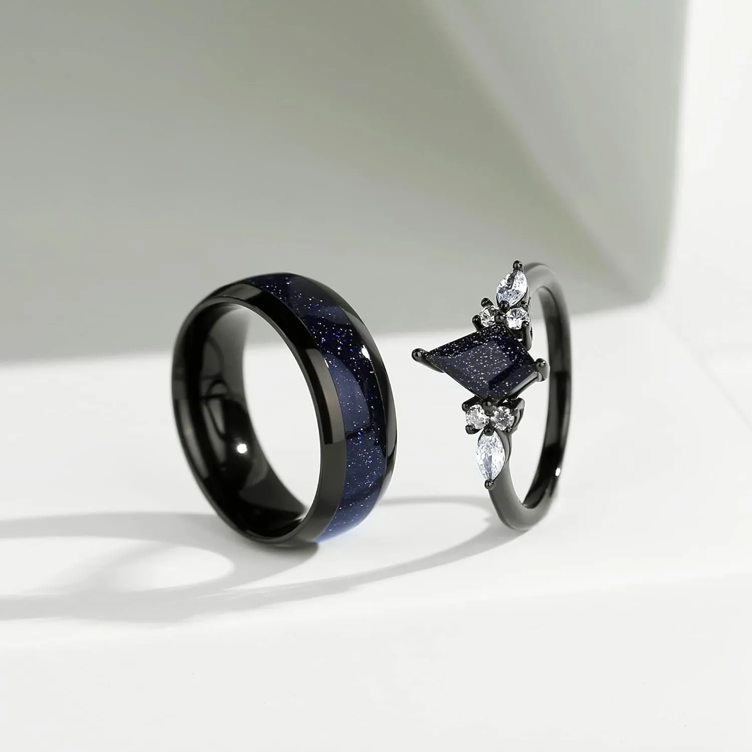 Promise Rings for Her - Black Rings for Women Engagement Rings with Kite Cut Shaped Blue Sandstone Plated with Rhodium Matching Rings for Couples Wedding Bands for Hers engagement ring 1pc
