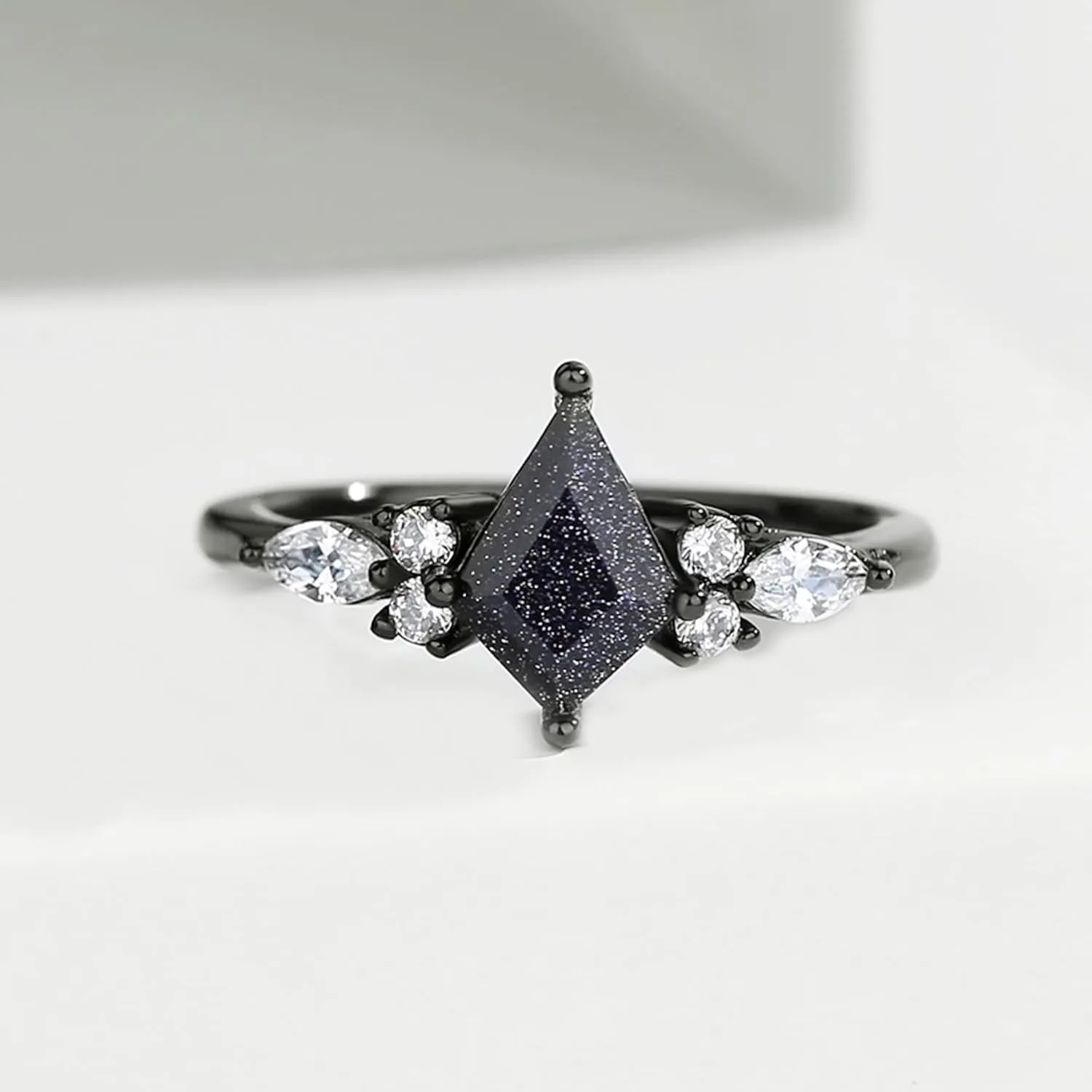 Promise Rings for Her - Black Rings for Women Engagement Rings with Kite Cut Shaped Blue Sandstone Plated with Rhodium Matching Rings for Couples Wedding Bands for Hers engagement ring 1pc