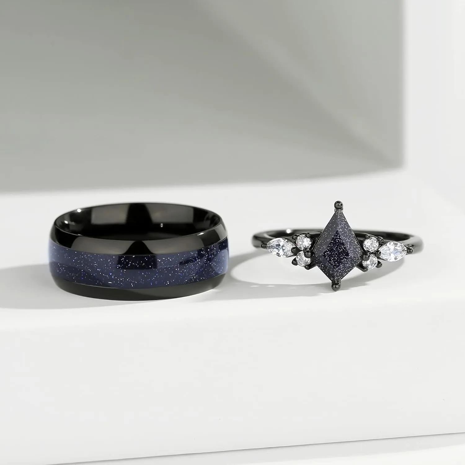 Promise Rings for Her - Black Rings for Women Engagement Rings with Kite Cut Shaped Blue Sandstone Plated with Rhodium Matching Rings for Couples Wedding Bands for Hers engagement ring 1pc