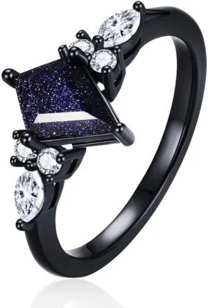 Promise Rings for Her - Black Rings for Women Engagement Rings with Kite Cut Shaped Blue Sandstone Plated with Rhodium Matching Rings for Couples Wedding Bands for Hers engagement ring 1pc
