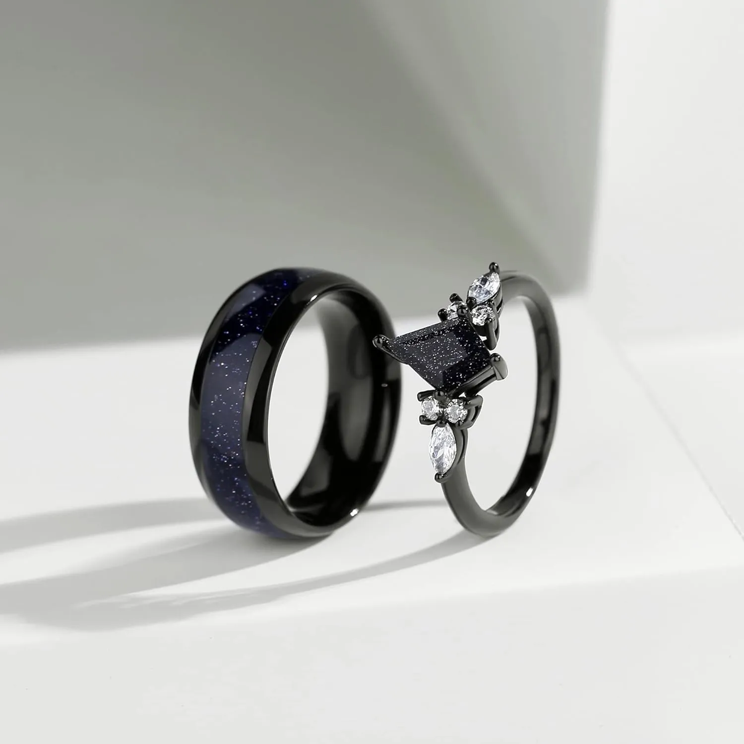 Promise Rings for Her - Black Rings for Women Engagement Rings with Kite Cut Shaped Blue Sandstone Plated with Rhodium Matching Rings for Couples Wedding Bands for Hers engagement ring 1pc