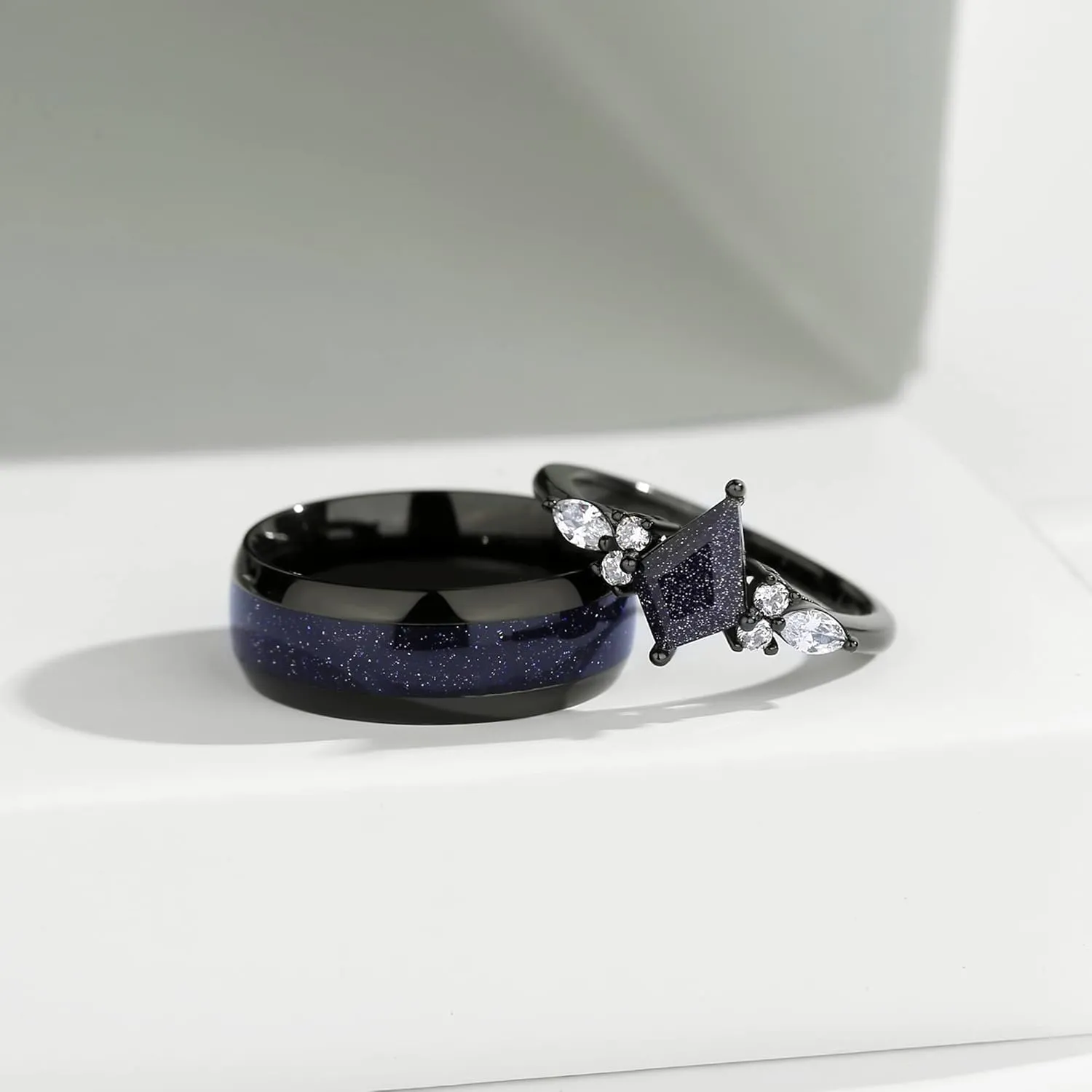 Promise Rings for Her - Black Rings for Women Engagement Rings with Kite Cut Shaped Blue Sandstone Plated with Rhodium Matching Rings for Couples Wedding Bands for Hers engagement ring 1pc