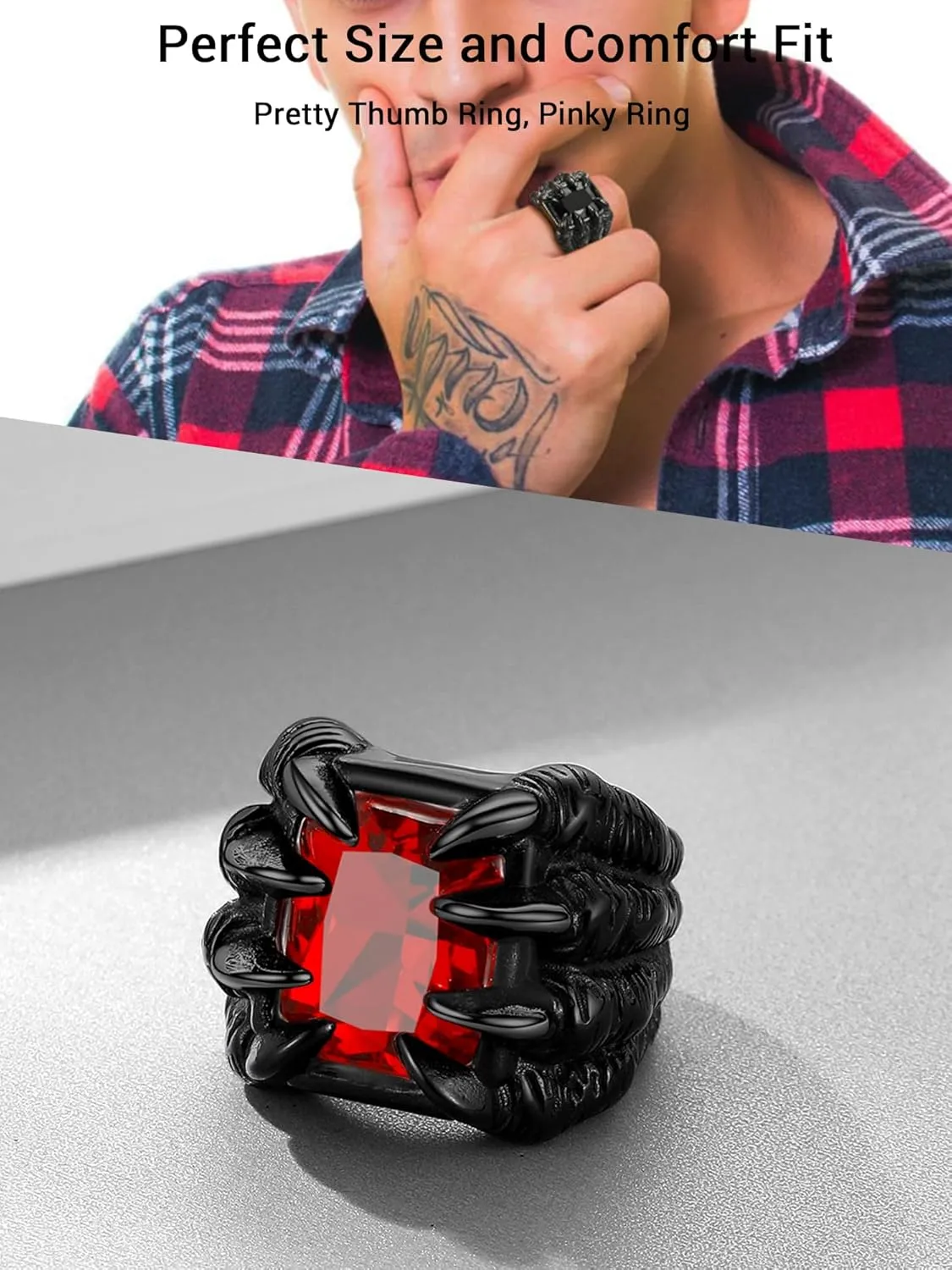 PROSTEEL Mens Dragon Claw Gothic Biker Ring, 316L Stainless Steel Punk Rock Ring, Black/Blue/Red/Green Stone, Size #7-#14, Come with Box