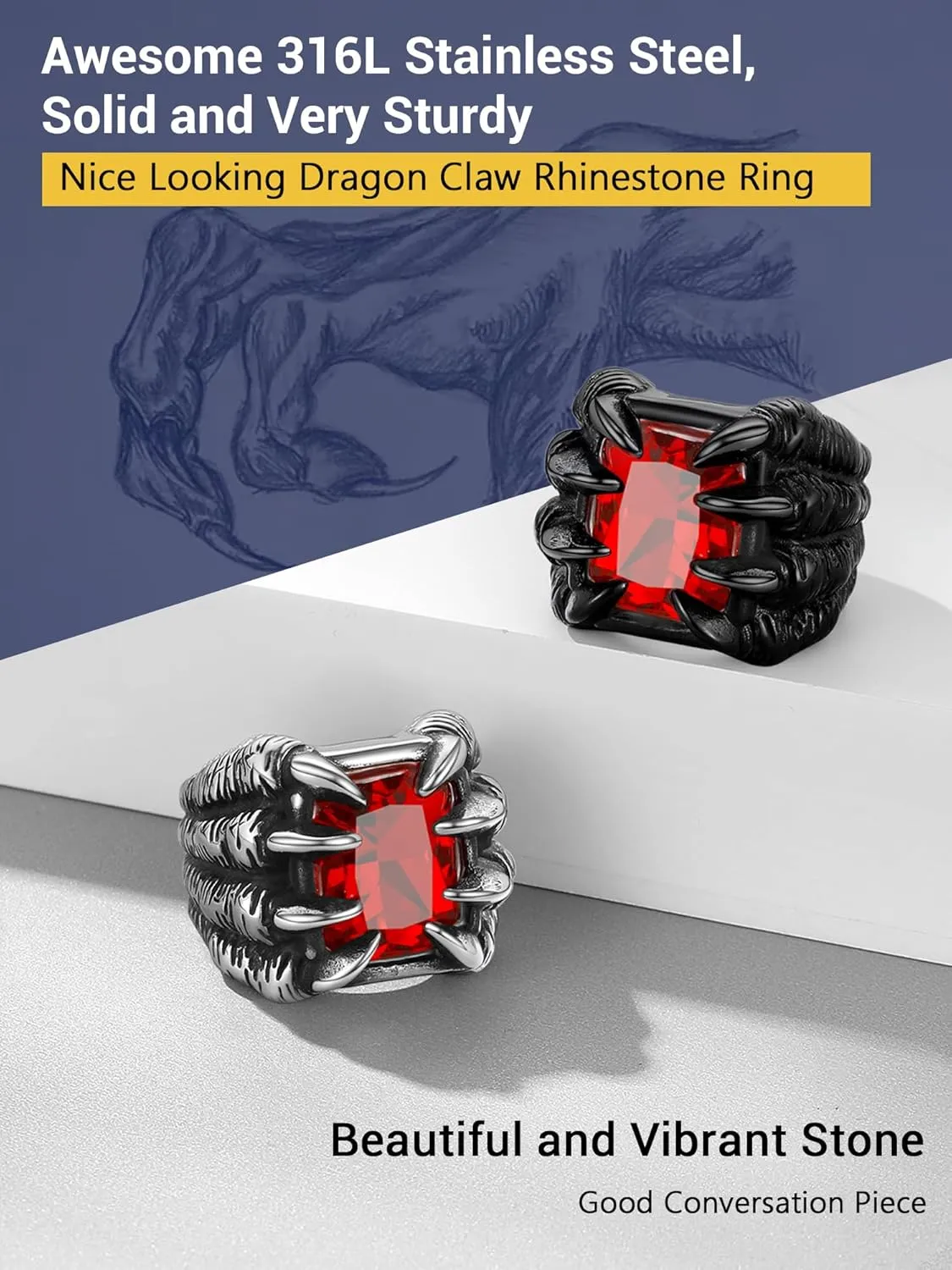 PROSTEEL Mens Dragon Claw Gothic Biker Ring, 316L Stainless Steel Punk Rock Ring, Black/Blue/Red/Green Stone, Size #7-#14, Come with Box