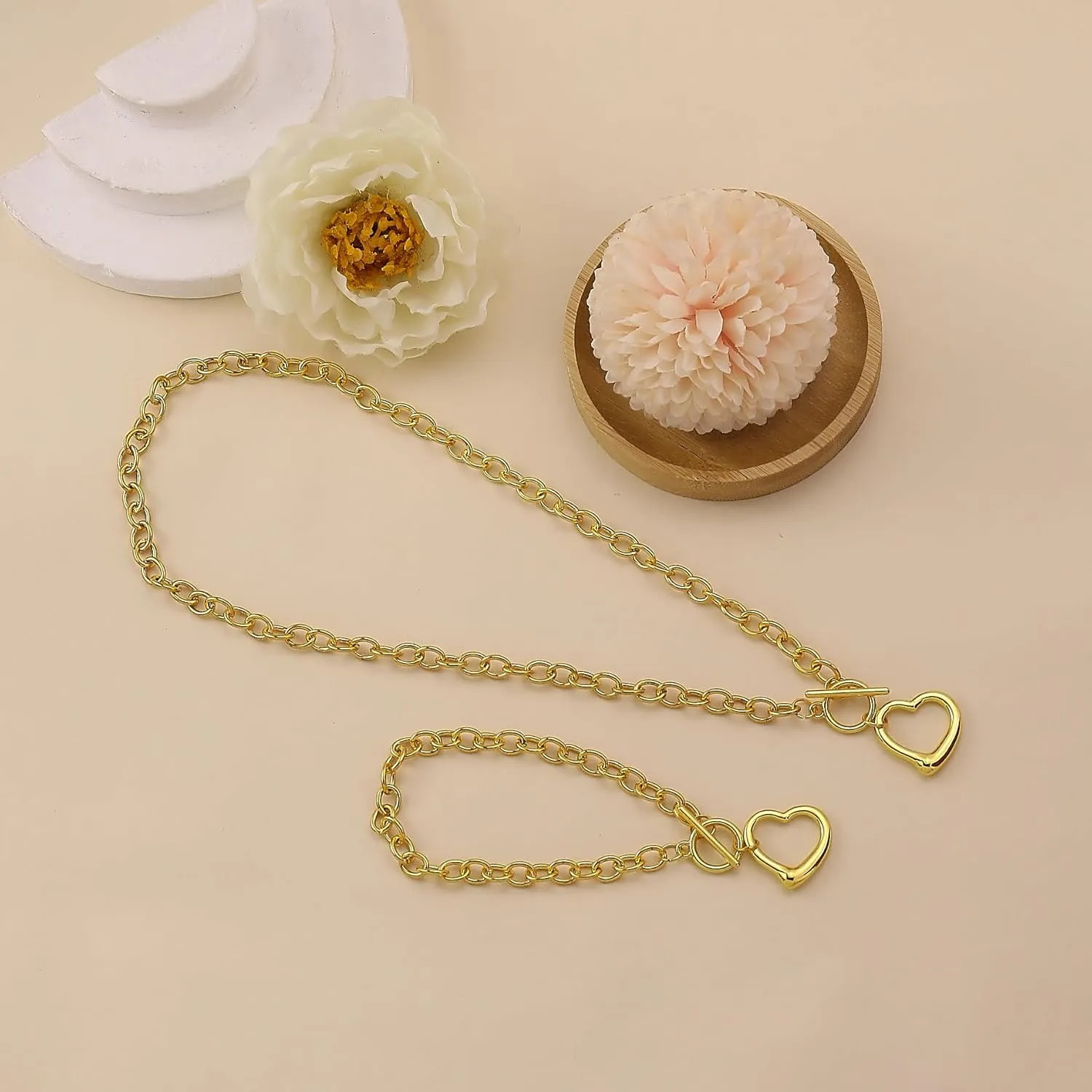 Puffs Heart Choker Necklace Bracelet Set for Women Gold/Silver Heart Pendant Necklace Bracelet Punky Pledge Necklace Bracelet Set Dainty Chunky Link Chain Choker Necklaces for Women