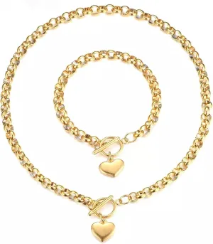 Puffs Heart Choker Necklace Bracelet Set for Women Gold/Silver Heart Pendant Necklace Bracelet Punky Pledge Necklace Bracelet Set Dainty Chunky Link Chain Choker Necklaces for Women