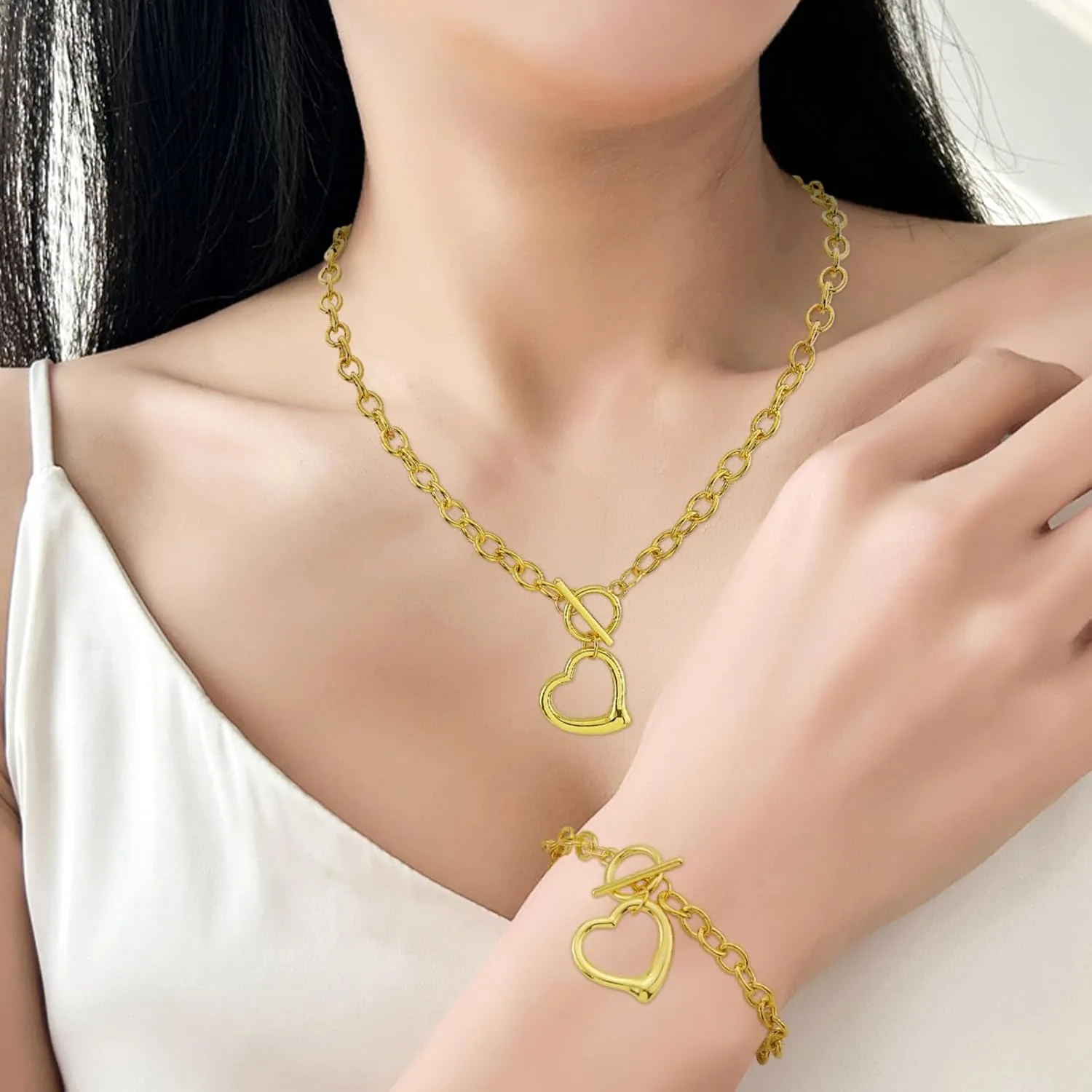 Puffs Heart Choker Necklace Bracelet Set for Women Gold/Silver Heart Pendant Necklace Bracelet Punky Pledge Necklace Bracelet Set Dainty Chunky Link Chain Choker Necklaces for Women