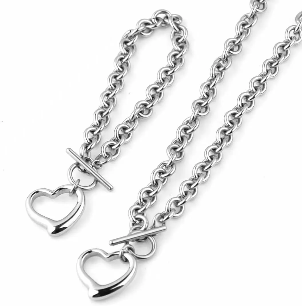 Puffs Heart Choker Necklace Bracelet Set for Women Gold/Silver Heart Pendant Necklace Bracelet Punky Pledge Necklace Bracelet Set Dainty Chunky Link Chain Choker Necklaces for Women