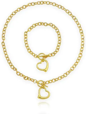 Puffs Heart Choker Necklace Bracelet Set for Women Gold/Silver Heart Pendant Necklace Bracelet Punky Pledge Necklace Bracelet Set Dainty Chunky Link Chain Choker Necklaces for Women