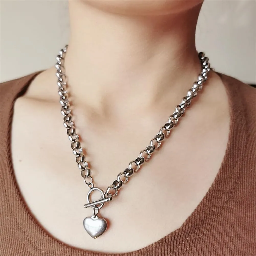 Puffs Heart Choker Necklace Bracelet Set for Women Gold/Silver Heart Pendant Necklace Bracelet Punky Pledge Necklace Bracelet Set Dainty Chunky Link Chain Choker Necklaces for Women