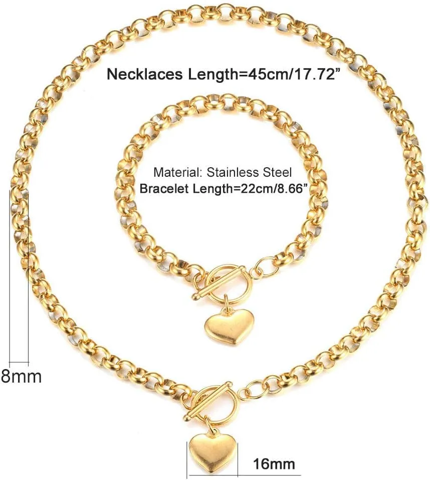 Puffs Heart Choker Necklace Bracelet Set for Women Gold/Silver Heart Pendant Necklace Bracelet Punky Pledge Necklace Bracelet Set Dainty Chunky Link Chain Choker Necklaces for Women
