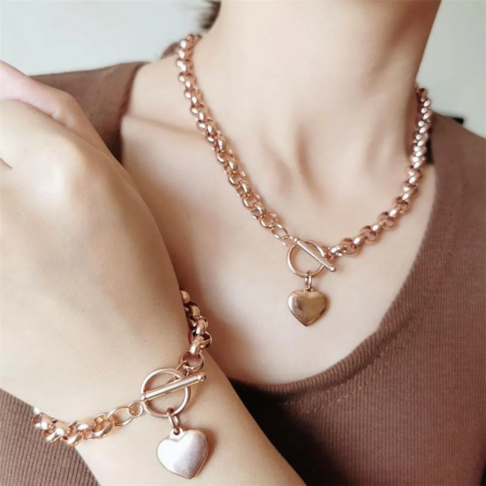 Puffs Heart Choker Necklace Bracelet Set for Women Gold/Silver Heart Pendant Necklace Bracelet Punky Pledge Necklace Bracelet Set Dainty Chunky Link Chain Choker Necklaces for Women