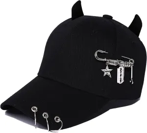 Punk Chain Baseball Ccap with Piercing Rings and Metal Accents, Gothic Streetwear Hat for Men and Women