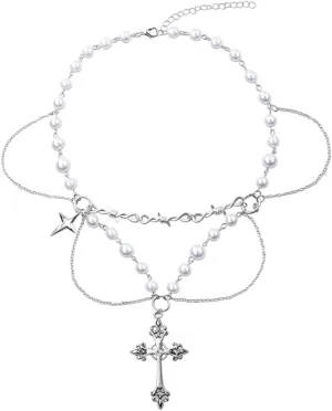 Punk Pearl Necklace with Chunky Cross Necklace for Women Layered Necklace for Wedding Bridal Choker Necklace for Women
