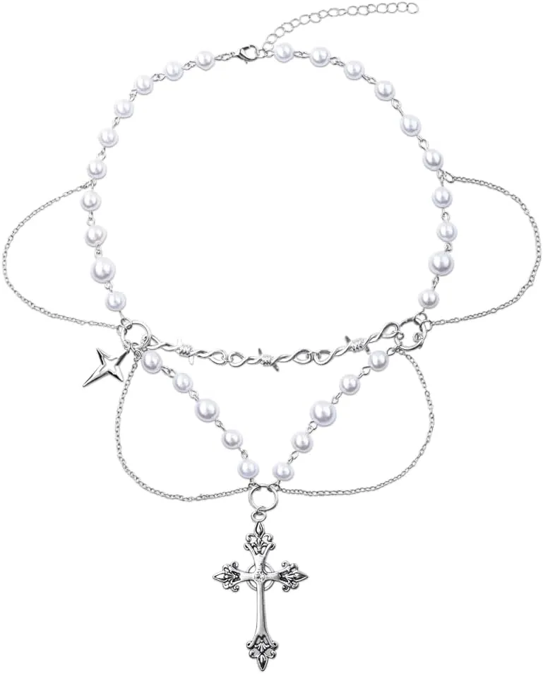 Punk Pearl Necklace with Chunky Cross Necklace for Women Layered Necklace for Wedding Bridal Choker Necklace for Women