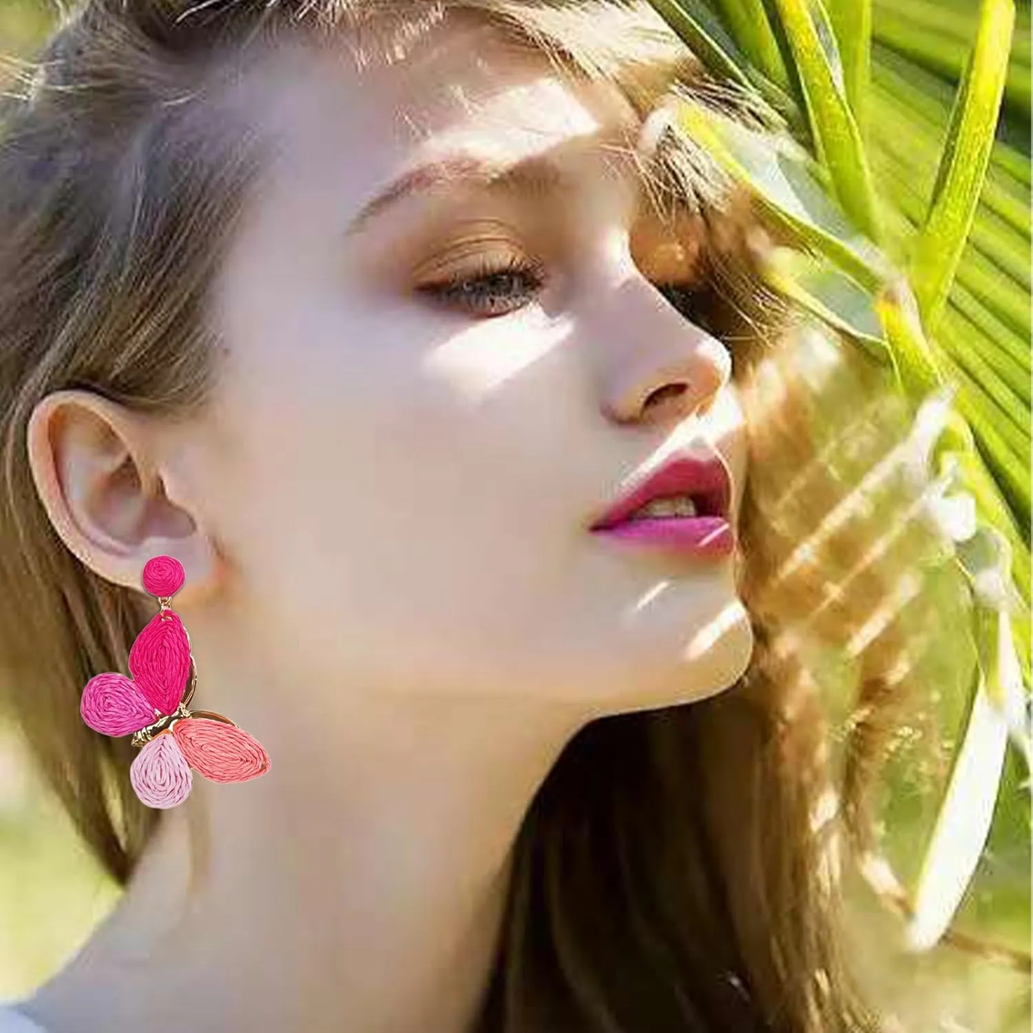 Raffia Colorful Butterfly Earrings, Gradient Ramp Raffia Straw Wrapped Statement Butterflies Handmade Earring for Women, Summer Mix Color Boho Dangle Tropical Beach Jewelry Gift