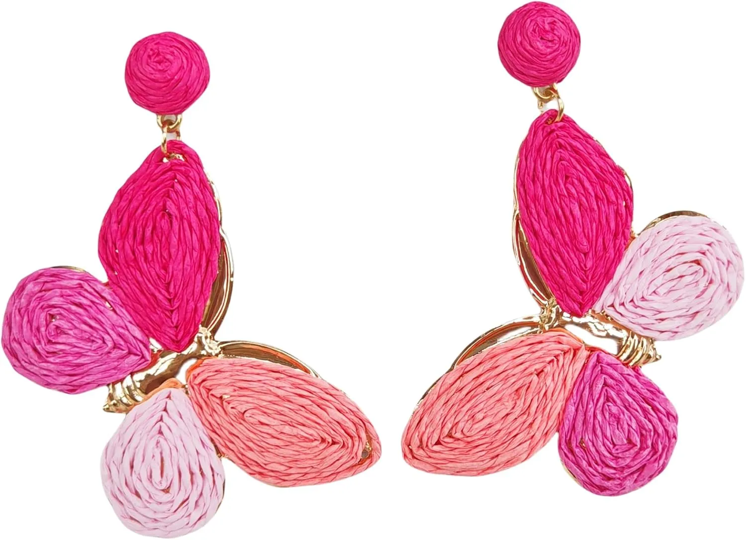 Raffia Colorful Butterfly Earrings, Gradient Ramp Raffia Straw Wrapped Statement Butterflies Handmade Earring for Women, Summer Mix Color Boho Dangle Tropical Beach Jewelry Gift