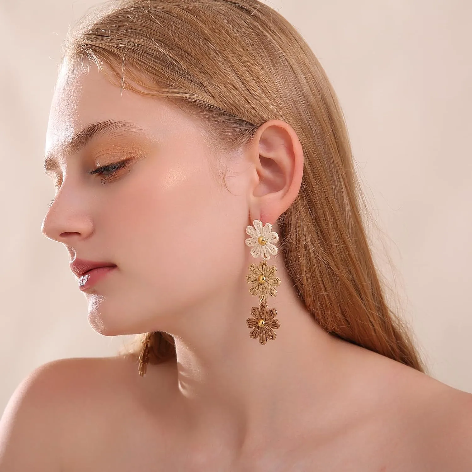 Raffia Daisy Flower Earrings, Raffia Straw Wrapped Daisy Drop Dangle Earrings Summer Tropical Beach Jewelry