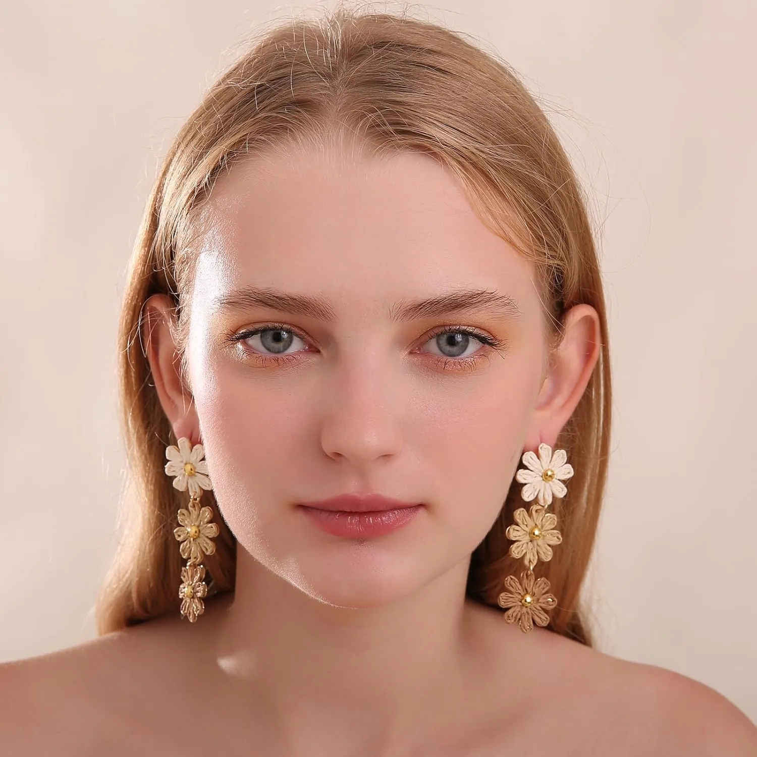 Raffia Daisy Flower Earrings, Raffia Straw Wrapped Daisy Drop Dangle Earrings Summer Tropical Beach Jewelry