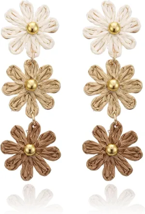 Raffia Daisy Flower Earrings, Raffia Straw Wrapped Daisy Drop Dangle Earrings Summer Tropical Beach Jewelry