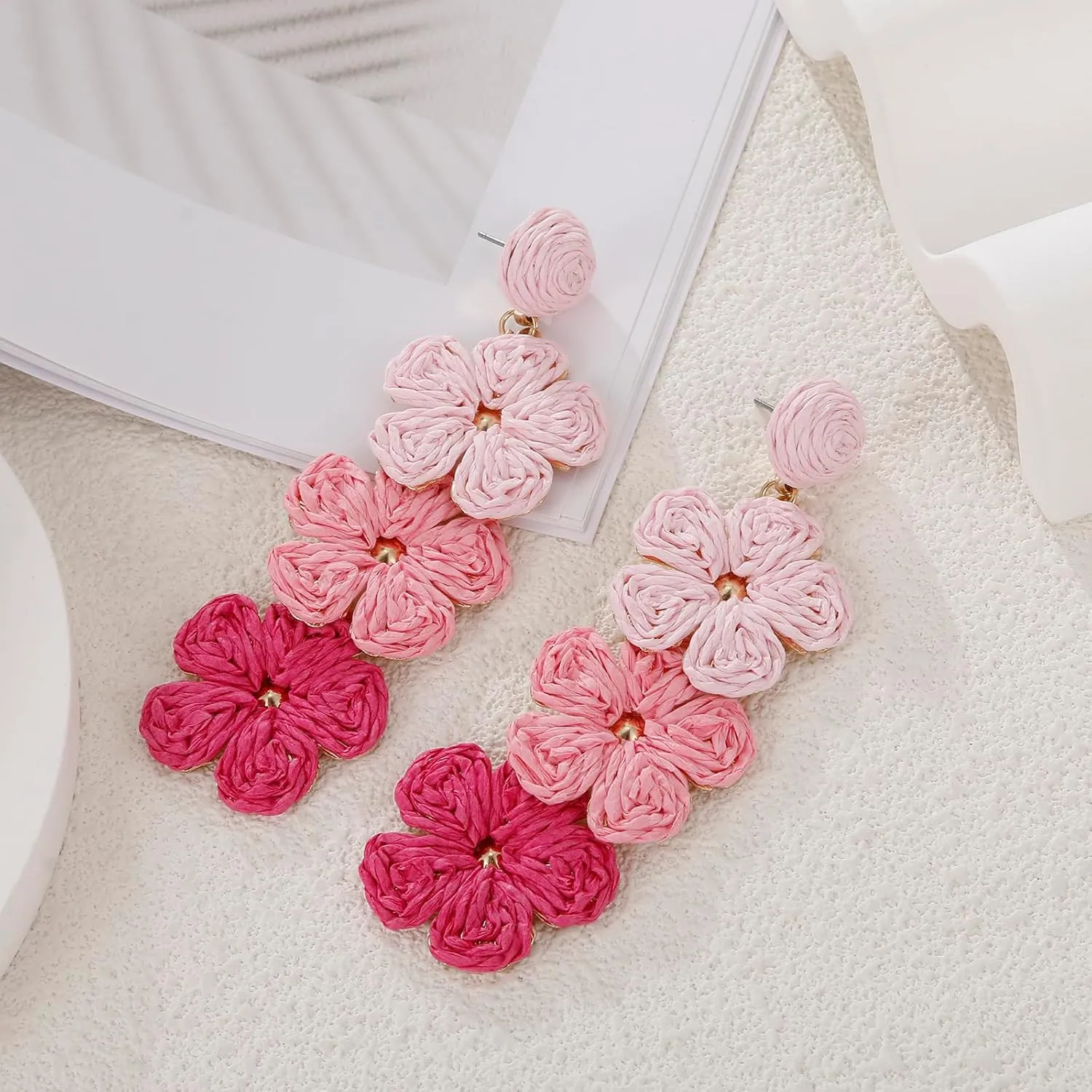 Raffia Flower Earrings, Raffia Straw Wrapped Flower Drop Dangle Earrings Summer Tropical Beach Jewelry
