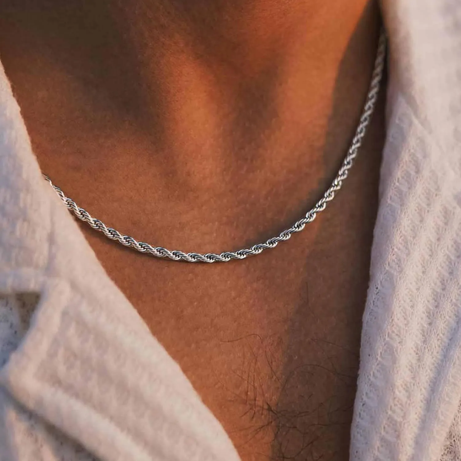 RANKEEF 2/3/4mm Rope Chain Necklace for Men - Silver Necklace18/20/22 Inches Chain for Waterproof Sturdy & Shiny Twist Rope Necklace Gifts for Men & Women Husband Boyfriend