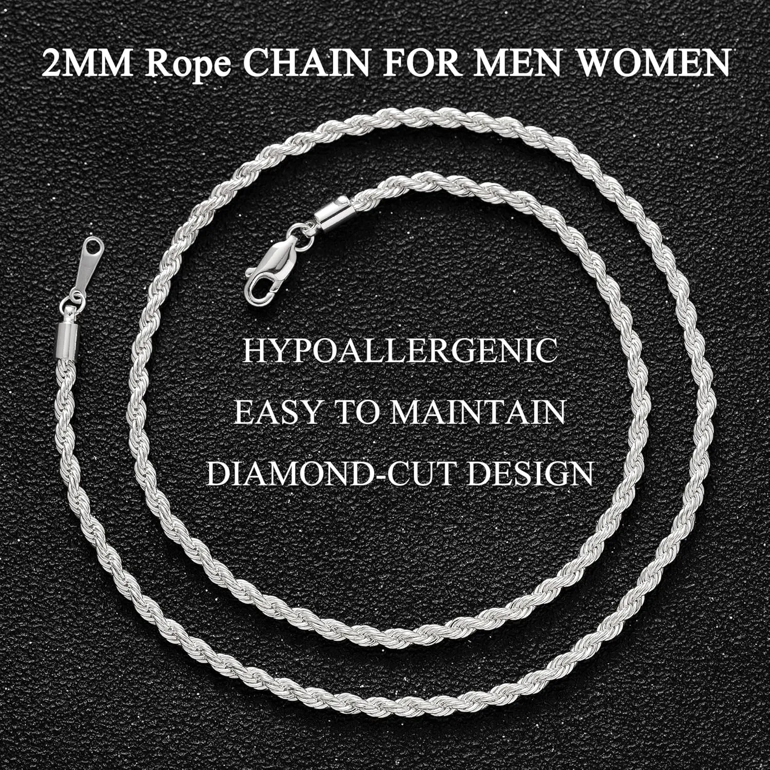 RANKEEF 2/3/4mm Rope Chain Necklace for Men - Silver Necklace18/20/22 Inches Chain for Waterproof Sturdy & Shiny Twist Rope Necklace Gifts for Men & Women Husband Boyfriend