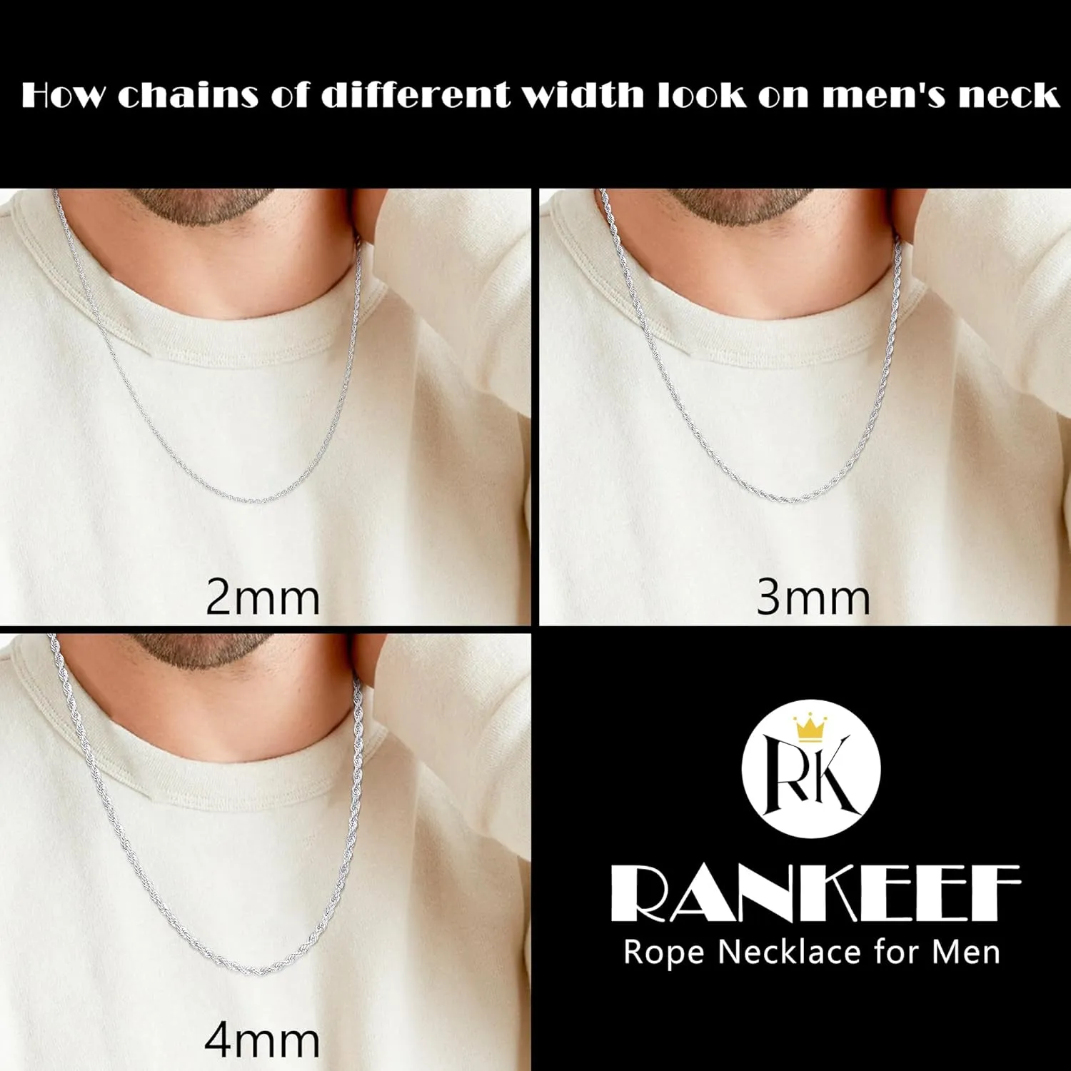 RANKEEF 2/3/4mm Rope Chain Necklace for Men - Silver Necklace18/20/22 Inches Chain for Waterproof Sturdy & Shiny Twist Rope Necklace Gifts for Men & Women Husband Boyfriend