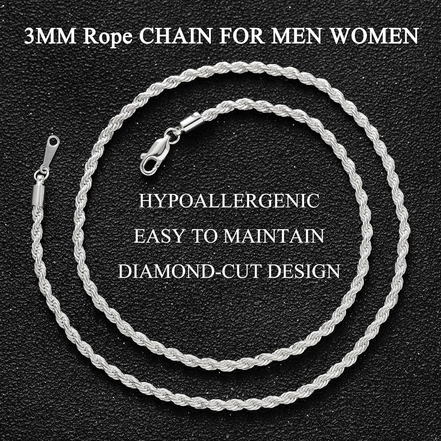 RANKEEF 2/3/4mm Rope Chain Necklace for Men - Silver Necklace18/20/22 Inches Chain for Waterproof Sturdy & Shiny Twist Rope Necklace Gifts for Men & Women Husband Boyfriend