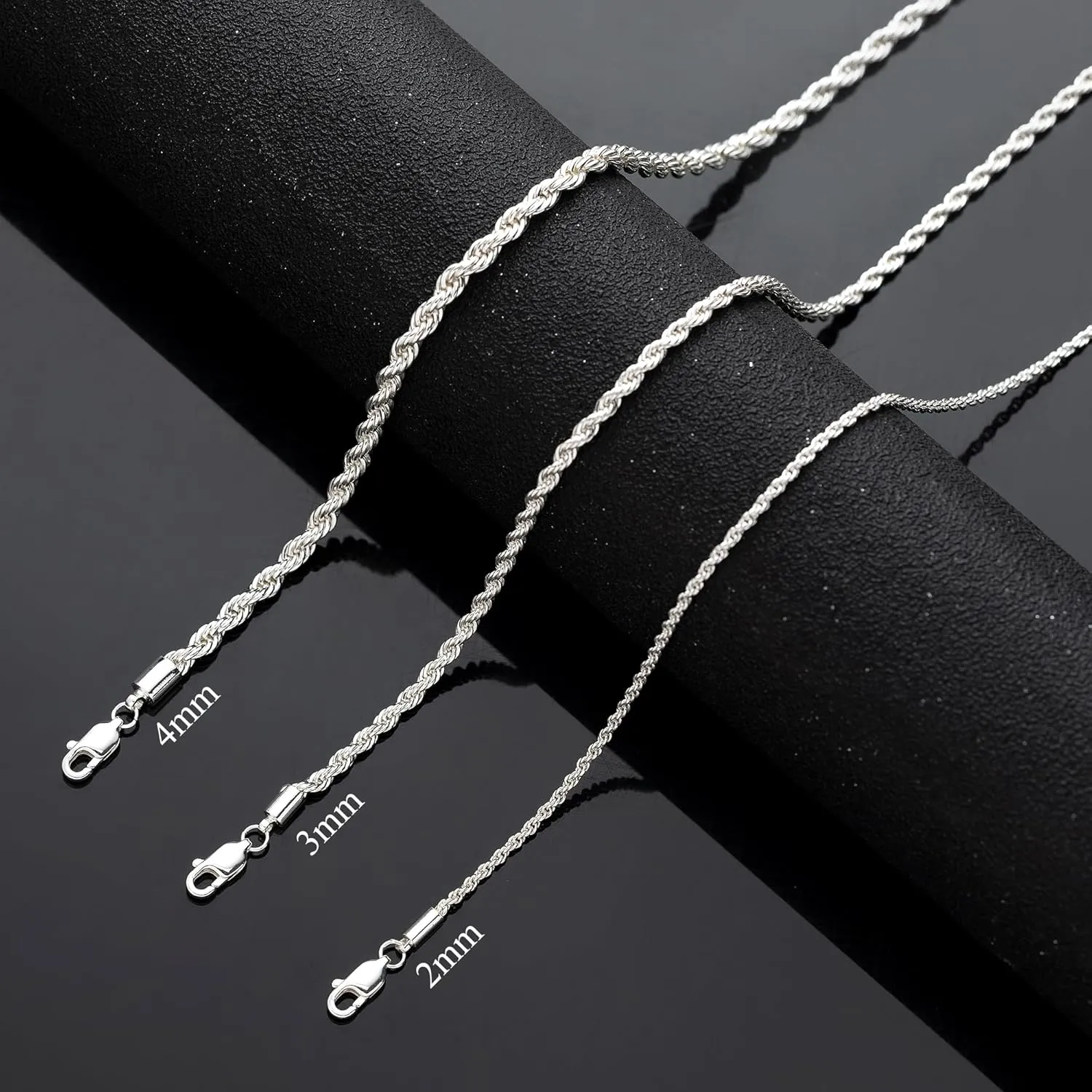 RANKEEF 2/3/4mm Rope Chain Necklace for Men - Silver Necklace18/20/22 Inches Chain for Waterproof Sturdy & Shiny Twist Rope Necklace Gifts for Men & Women Husband Boyfriend