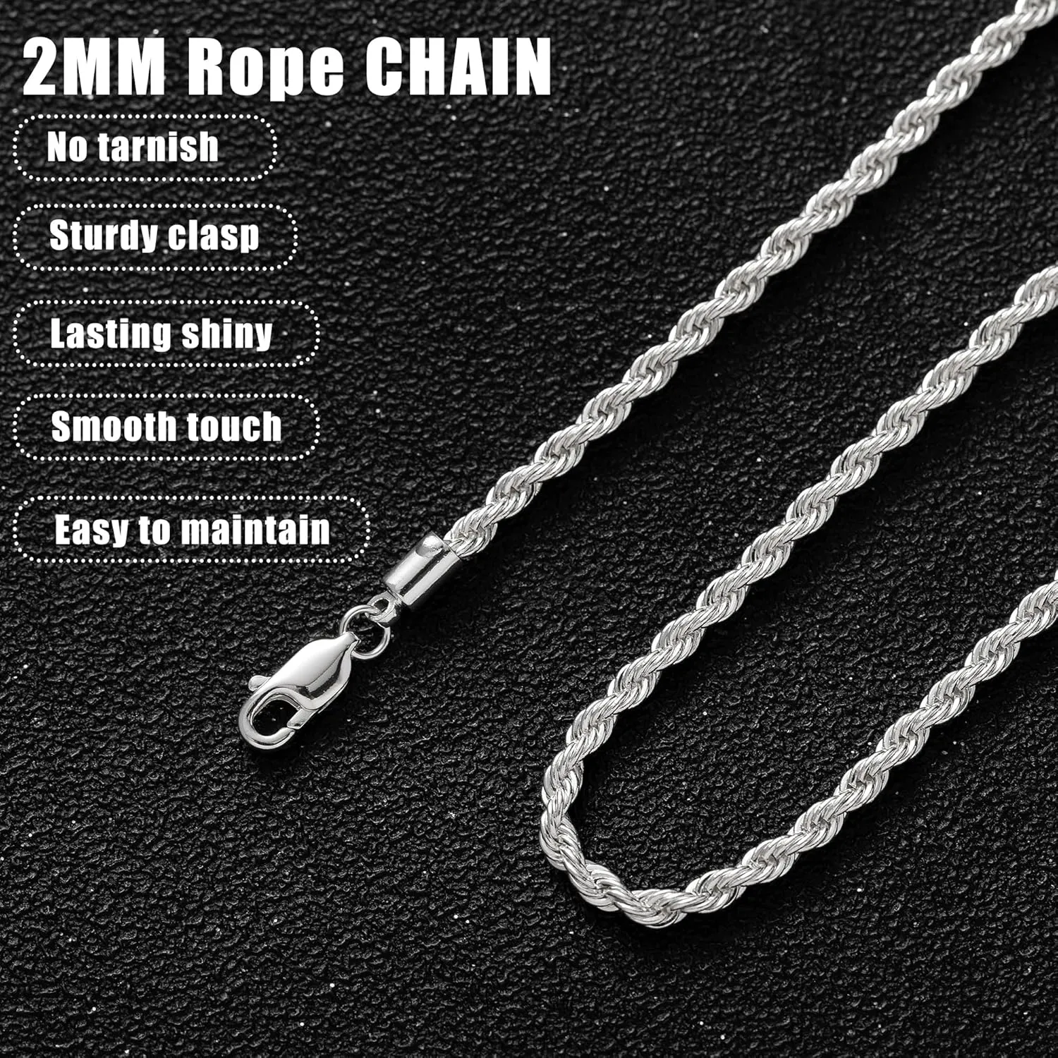 RANKEEF 2/3/4mm Rope Chain Necklace for Men - Silver Necklace18/20/22 Inches Chain for Waterproof Sturdy & Shiny Twist Rope Necklace Gifts for Men & Women Husband Boyfriend
