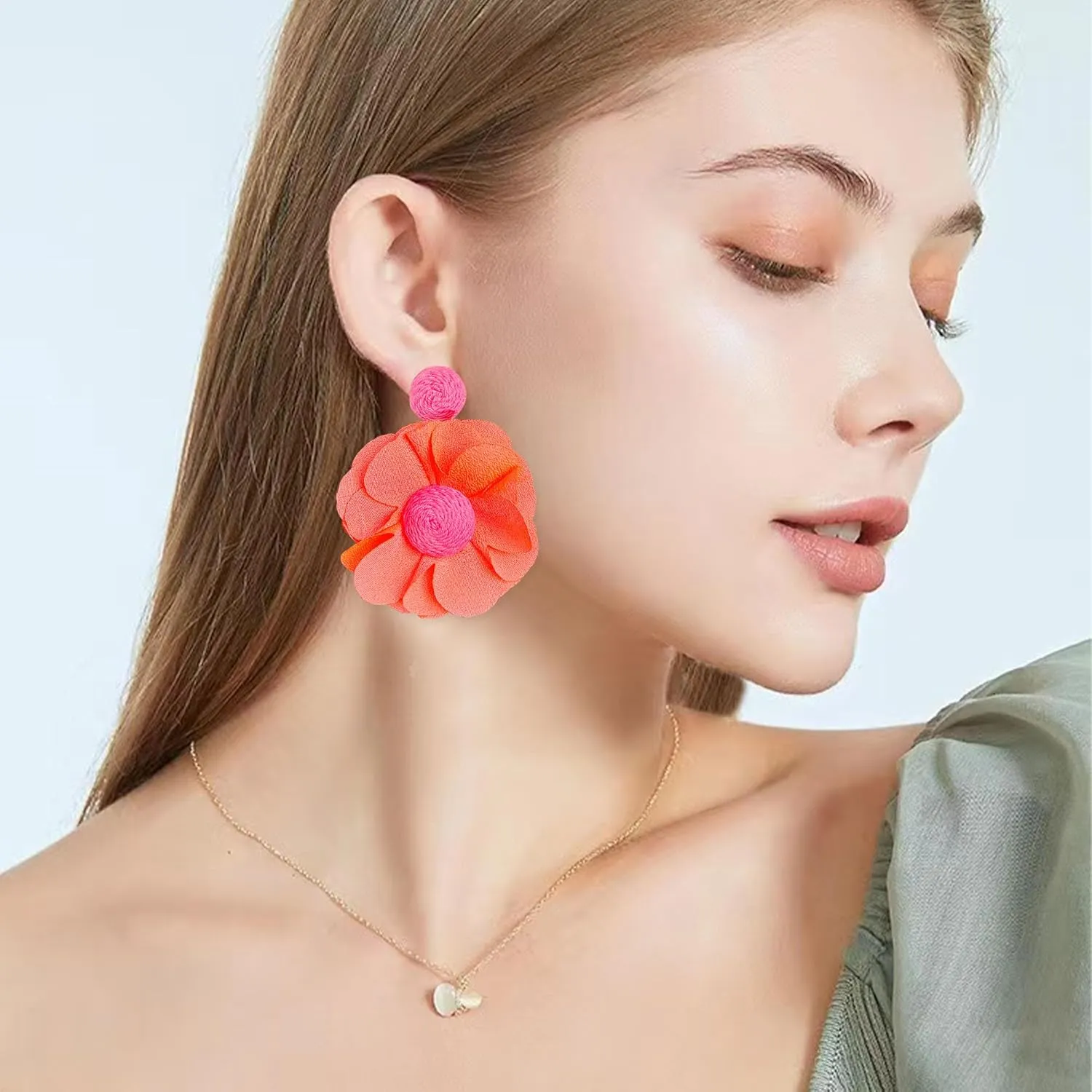 Rattan Earrings Summer Boho Handwoven Big Fabric Chiffon Rattan Flower Drop Earrings Statement Tropical Beach Vacation Jewelry