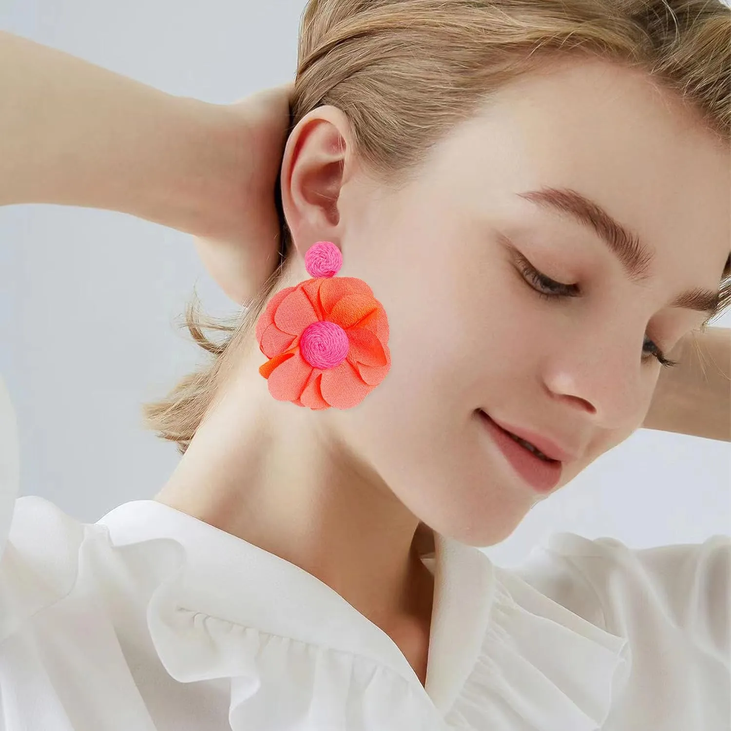 Rattan Earrings Summer Boho Handwoven Big Fabric Chiffon Rattan Flower Drop Earrings Statement Tropical Beach Vacation Jewelry