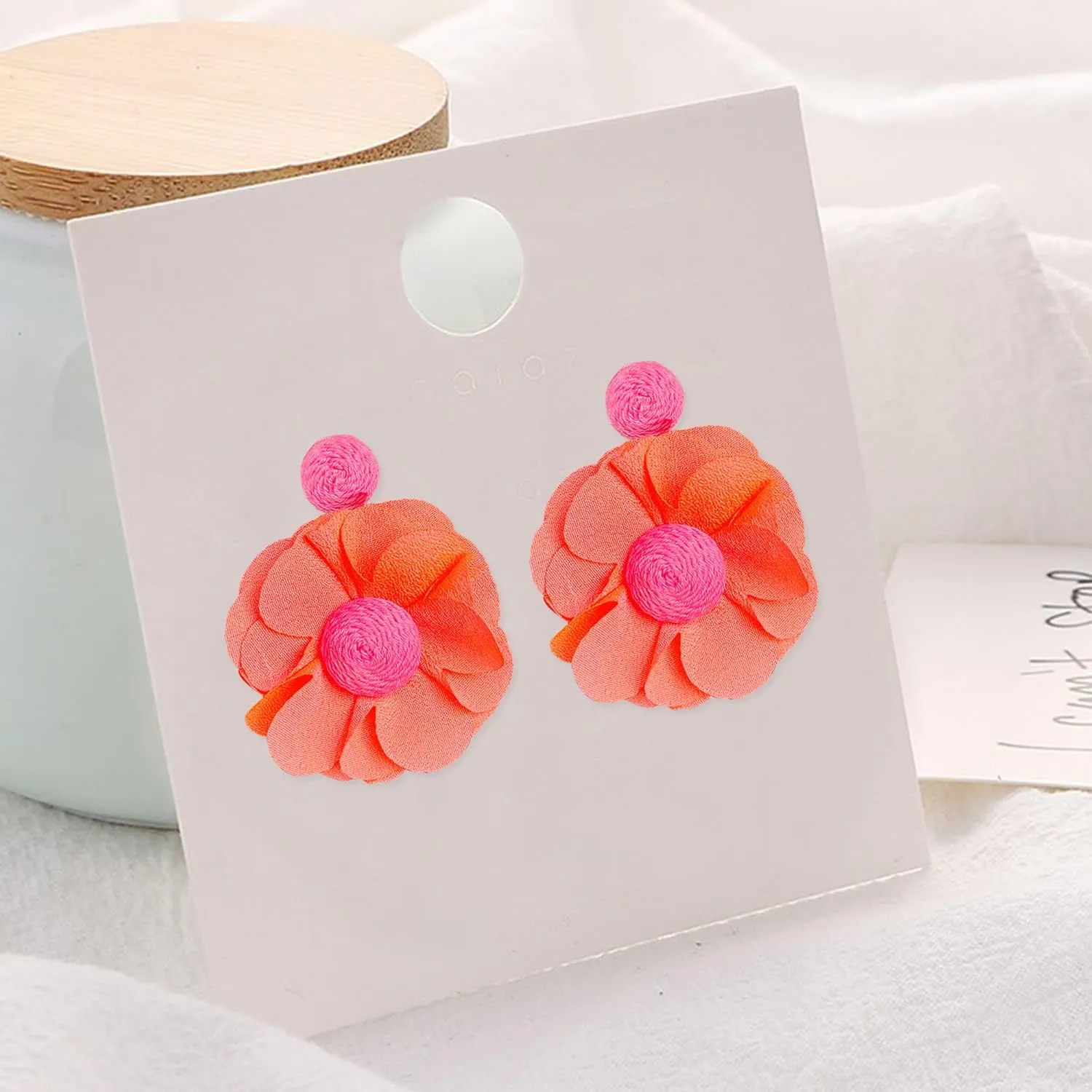 Rattan Earrings Summer Boho Handwoven Big Fabric Chiffon Rattan Flower Drop Earrings Statement Tropical Beach Vacation Jewelry