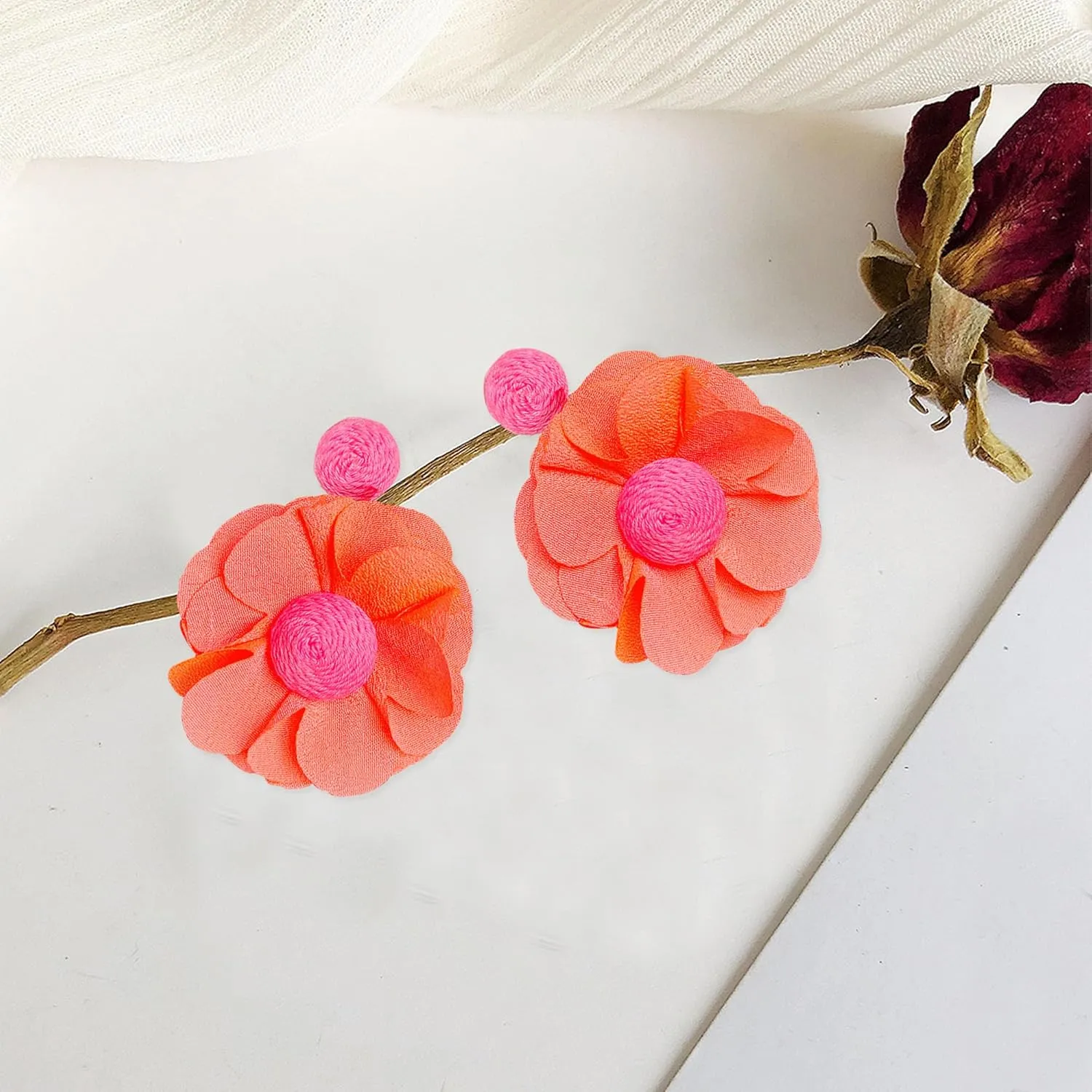 Rattan Earrings Summer Boho Handwoven Big Fabric Chiffon Rattan Flower Drop Earrings Statement Tropical Beach Vacation Jewelry