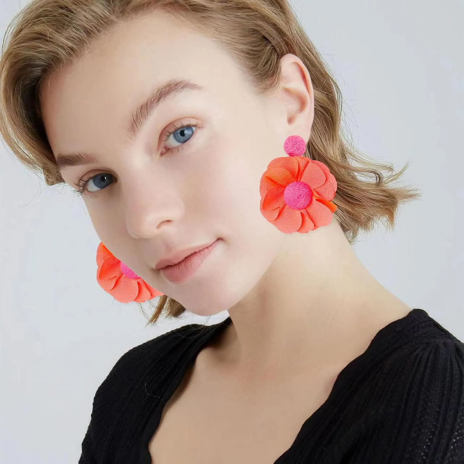 Rattan Earrings Summer Boho Handwoven Big Fabric Chiffon Rattan Flower Drop Earrings Statement Tropical Beach Vacation Jewelry