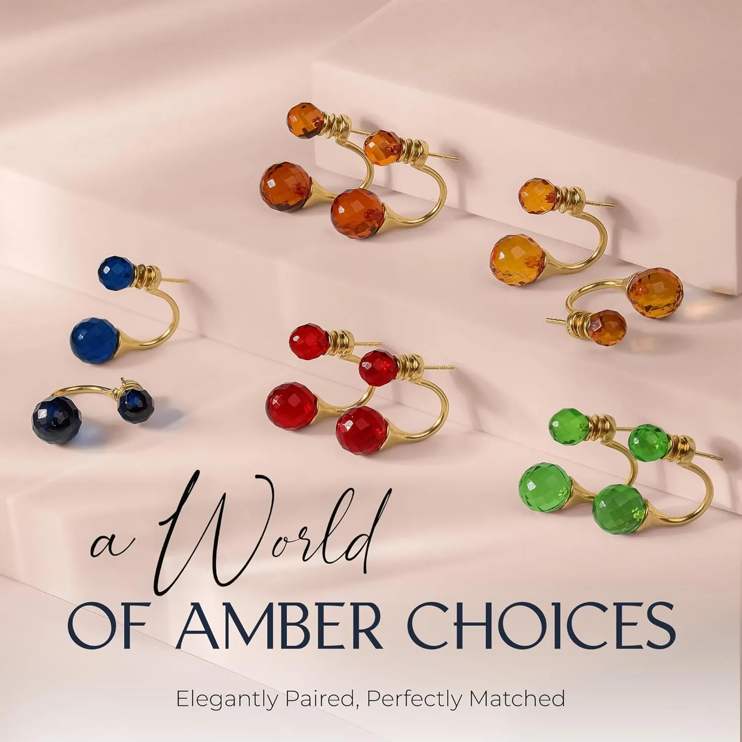 Real Amber Stud Earrings for Women  Double Ball Design, 24k Real Gold Plated Silver, 100% Natural Baltic Amber Jewelry, Sophisticated and Solid Gift for Ladies