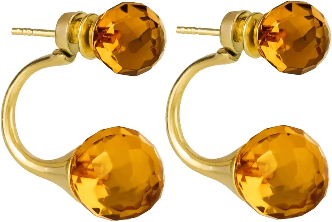 Real Amber Stud Earrings for Women  Double Ball Design, 24k Real Gold Plated Silver, 100% Natural Baltic Amber Jewelry, Sophisticated and Solid Gift for Ladies