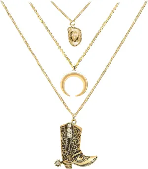 RechicGu Layered Boho Western Cowgirl Necklace For Women Bull Head Moon Crescent Cowboy Boot Charm Pendant Western Necklace Jewelry For Country Concert Outfits