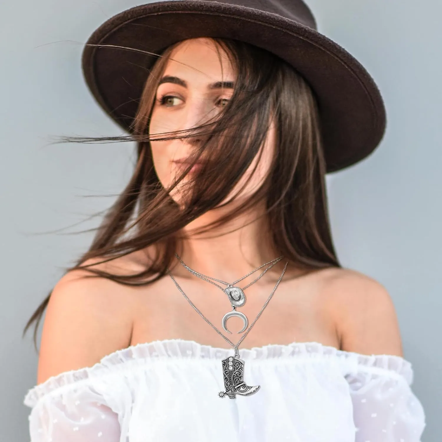 RechicGu Layered Boho Western Cowgirl Necklace For Women Bull Head Moon Crescent Cowboy Boot Charm Pendant Western Necklace Jewelry For Country Concert Outfits
