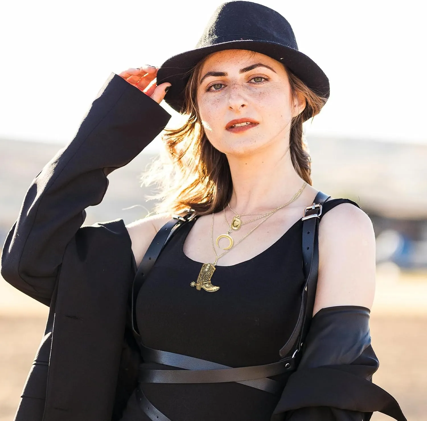 RechicGu Layered Boho Western Cowgirl Necklace For Women Bull Head Moon Crescent Cowboy Boot Charm Pendant Western Necklace Jewelry For Country Concert Outfits