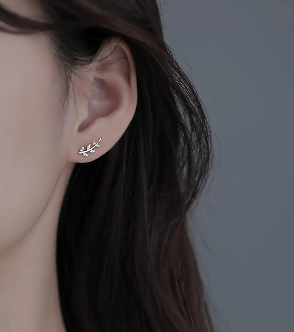 Reffeer Solid 925 Sterling Silver Leaf Crawler Stud Earrings for Women Teens Crystal Leaf Stud Earrings