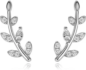 Reffeer Solid 925 Sterling Silver Leaf Crawler Stud Earrings for Women Teens Crystal Leaf Stud Earrings