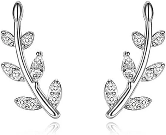 Reffeer Solid 925 Sterling Silver Leaf Crawler Stud Earrings for Women Teens Crystal Leaf Stud Earrings