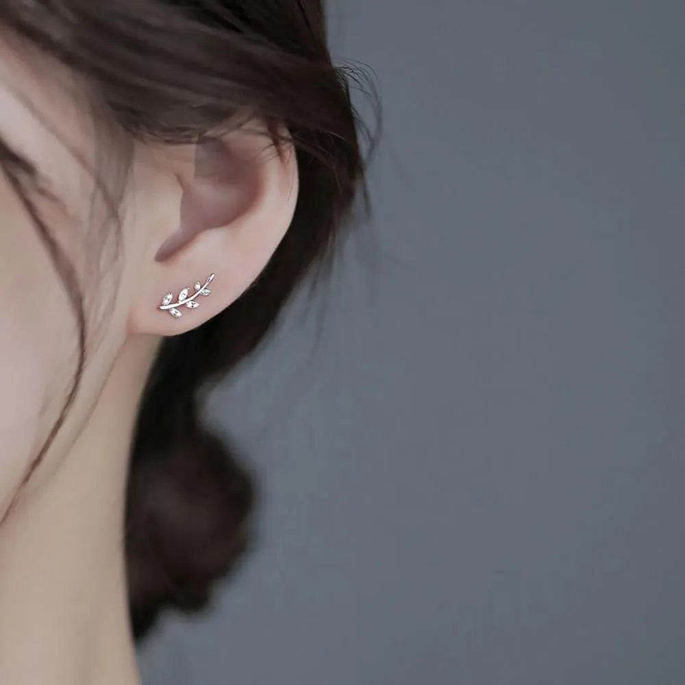 Reffeer Solid 925 Sterling Silver Leaf Crawler Stud Earrings for Women Teens Crystal Leaf Stud Earrings