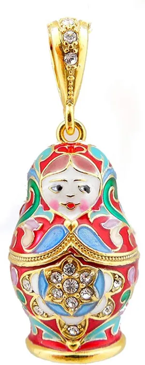 Religious Gifts Silver 925 Gold Tone Matryoshka Enameled Russian Pendant 1 1/2 Inch