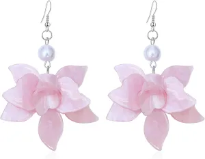 Resin Acrylic Pearl Flower Dangle Earrings for Women Bohemian Large Flower Petal Drop Earrings Statement Floral Jewelry