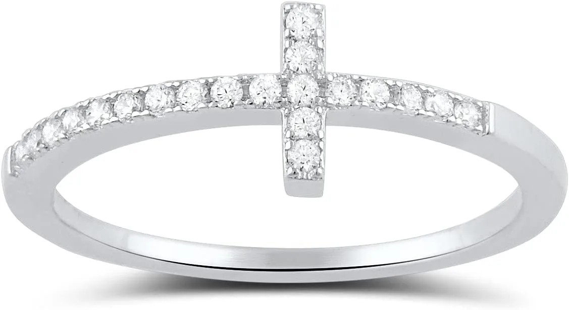Rhodium Plated Sterling Silver Thin Womens Cz Cubic Zirconia Stackable Sideways Cross Ring Size 4-12
